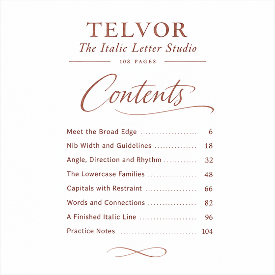Contents pages of The Italic Letter Studio, with planned start pages.